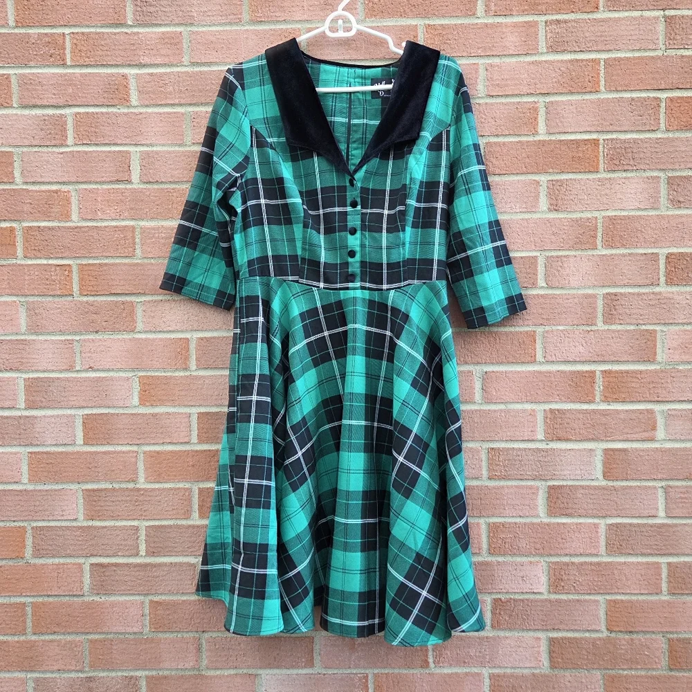 Hell Bunny Beryl Mid Dress Green Black Tartan Plaid Pockets Punk Rockabilly XL - Picture 2 of 7